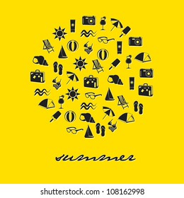 summer icons in circle with yellow background