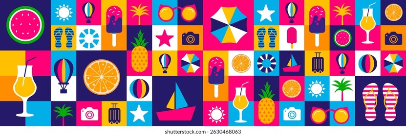 Ícones de Verão Colagem forma geométrica padrão fundo, banner ou cartaz design. Ilustração vibrante de design plano com frutas tropicais, itens de praia e símbolos de viagem para saudações sazonais.