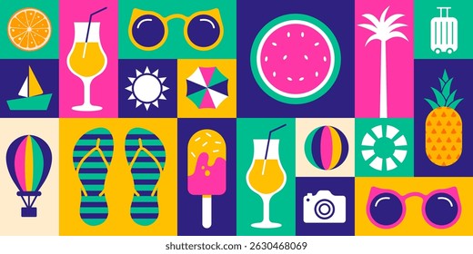 Summer Icons Collage geometric shape pattern background, banner or poster design. Vibrant Flat Design Illustration with Tropical Fruits, Beach Items, and Travel Symbols for Seasonal Greetings.