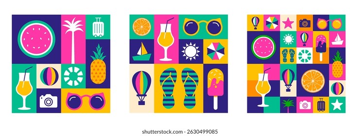 Ícones de Verão Colagem forma geométrica padrão fundo ou mídia social pós banner conjunto de modelos. Ilustração plana vibrante com frutas tropicais, itens de praia e símbolos de viagem para saudações sazonais