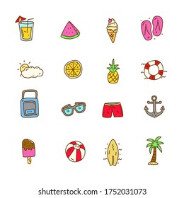 Summer icons collection with colorful doodle hand drawn style isolated on white background 