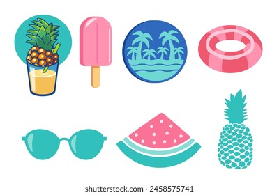Summer icons collection. Different summer elements vector illustration. floater, juice, watermelon, sunglasses, and ice cream.  