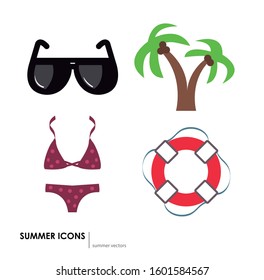 Summer icons collection. Image of a palm tree, a bikini, a life jacket and sunglasses.