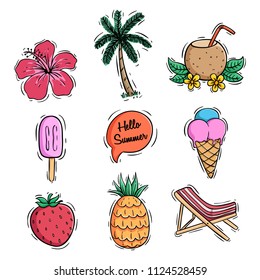 summer icons collection with pineapple coconut drink and ice cream using colored doodle style