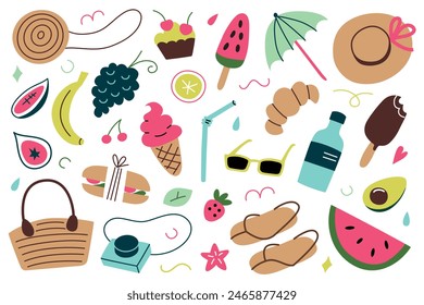 Summer icons collection, vector illustrations of sunglasses, fruits and ice cream, colorful summertime essentials, tropical vacation, woven bags and umbrella doodles, picnic items