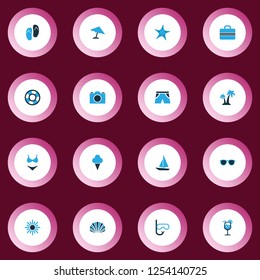 Summer icons colored set with goggles, lemonade, beach sandals ice cream elements. Isolated vector illustration summer icons.