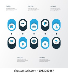 Summer icons colored set with parasol, beach sandals, ship shorts elements. Isolated vector illustration summer icons.