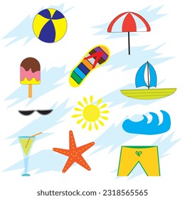 summer icons colorful isolated on white background. Vector illustration.