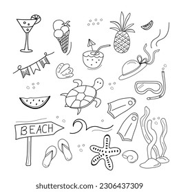 Summer icons cute doodle set. Line drawn, hand drown elements. Beach, tropical palm leaves, fruits, pineapple, watermelon, ice cream, crab, shell. Summertime elements.