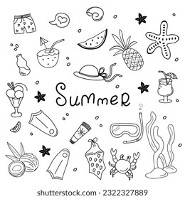 Summer icons cute doodle set. Line drawn, hand drown elements. Beach, fruits, pineapple, watermelon, ice cream, crab, shell. Summertime elements.