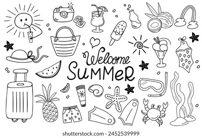 Summer icons cute doodle set. Line drawn, hand drawn elements. Welcome summer lettering. Tropical palm flowers, fruits, pineapple, watermelon, ice cream, crab, shell. Summertime, traveling, beach.