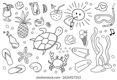 Summer icons cute doodle set. Line drawn, hand drawn elements. Beach, tropical palm leaves, fruits, pineapple, watermelon, ice cream, crab, shell. Summertime elements.