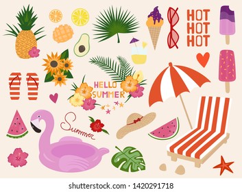 Summer icons. Cute flamingo, pineapple and other summer elements. Vector set