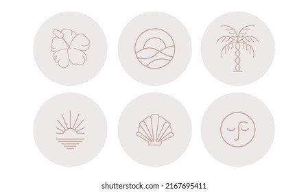 Summer icons depicting dawn, sun and flowers in circles. Vector illustration. Set of icons and emblems for social media news covers. Design Templates for a Yoga Studio and an Astrologer Blogger