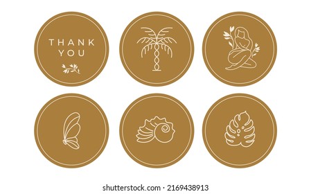 Summer icons depicting dawn, sun and flowers in circles. Vector illustration. Set of icons and emblems for social media news covers. Design Templates for a Yoga Studio and an Astrologer Blogger