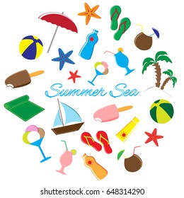 Summer Icons Doodle Set. Vector Illustration in round