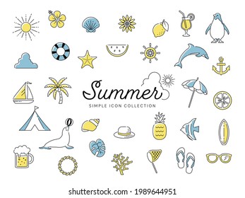 Summer Icons Drawn With Simple Lines.　Beach, Ocean, Nature, Animals, Flowers, Fruits, Etc. 
Yellow And Blue Versions