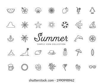 Summer icons drawn with simple lines.　Beach, ocean, nature, animals, flowers, fruits, etc.
Monochrome version