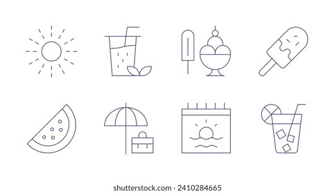 Summer icons. Editable stroke. Containing sun, ice cream shop, watermelon, summer, ice tea, popsicle, holidays, lemonade.