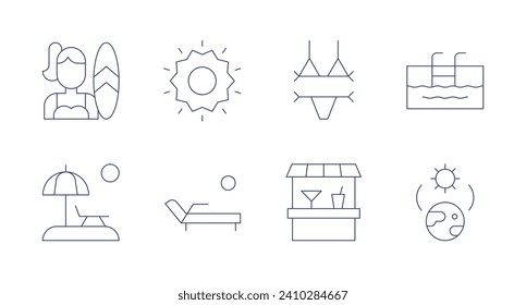 Summer icons. Editable stroke. Containing surfer, bikini, beach, beach bar, sun, swimming pool, sunbed, solstice.