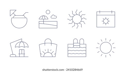 Summer icons. Editable stroke. Containing coconut drink, sun, beach, beach umbrella, pool, beach bag, summer.