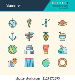 Summer icons. Filled outline design collection 20. For presentation, graphic design, mobile application, web design, infographics. Vector illustration.