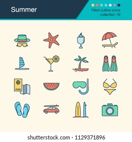 Summer icons. Filled outline design collection 19. For presentation, graphic design, mobile application, web design, infographics. Vector illustration.