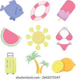 Summer icons: fish, lifebuoy, ice cream, watermelon, sun, swimsuit, suitcase, palm trees, lemon. Vacation and holiday atmosphere. Vector illustration EPS10