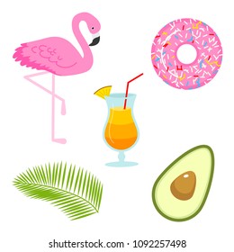 Summer icons. flamingo and drink, avocado and tropical palm. Fun sticker for Girl, fashion cute patch, badge, pin. Collection different elements for notebook. Vector trendy illustration.