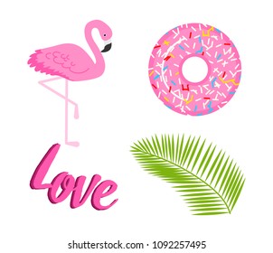 Summer icons. flamingo and tropical palm. Fun sticker for Girl, fashion cute patch, badge, pin. Collection different elements for notebook. Vector trendy illustration.