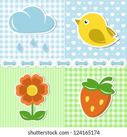 Summer icons of flower, strawberry, cloud and bird on textile backgrounds