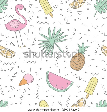 Summer Icons geometric shape pattern background, banner or poster design. Vibrant Flat Design Illustration with Tropical Fruits, Beach Items, and Travel Symbols for Seasonal Greetings.
