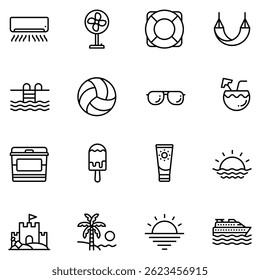Summer icons . Holiday and Beach web icons in line style. Travel, Vacation, lifebuoy ,sand castle ,palm tree ,sunset , Pixel Perfect Design Icon Pictogram Collection Vector illustration.