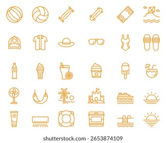 Summer icons Holiday and Beach web icons in line color  Travel, Vacation, Sunglasses, Soda pop, Coconut water, ice cream, Sunscreen, Ship Sea. Design Icon Pictogram Collection Vector illustration.