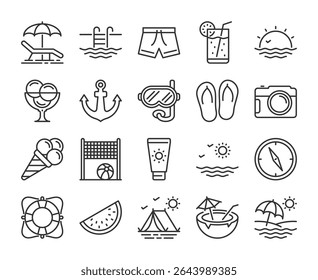 Summer icons. Summer holidays and events line icon set. Editable Stroke.