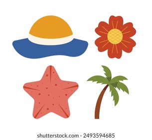 Summer icons illustration with a straw hat, flower, starfish, and palm tree.