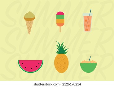 Summer Icons Juices, ice cream, watermelon, pineapple, coconut, for beach party