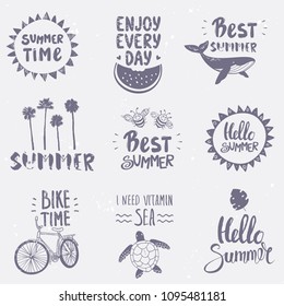 Summer icons, labels, logos, hand drawn tags and elements set for summer. Vector illustration.