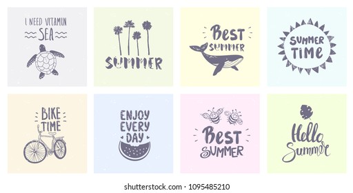Summer icons, labels, logos, hand drawn tags and elements set for summer. Vector illustration.