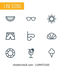 Summer icons line style set with watermelon, diving mask, shorts and other briefs elements. Isolated vector illustration summer icons.