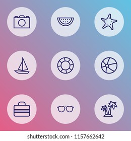 Summer icons line style set with ball, watermelon, island ship  elements. Isolated vector illustration summer icons.