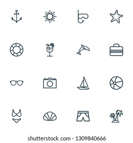Summer icons line style set with shorts, anchor, drink and other beachwear elements. Isolated vector illustration summer icons.