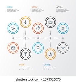 Summer icons line style set with shorts, watermelon, sun and other armature  elements. Isolated vector illustration summer icons.
