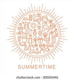Summer icons. Linear style. Vector illustration.