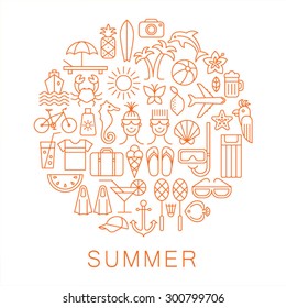 Summer icons. Linear style. Vector illustration.