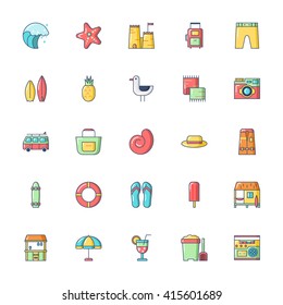 Summer icons made in flat line style vector. Beach adventure emblem. Adventure design elements isolated on background. It can be used as logo, pictogram, icon, infographic element. Vector Illustration