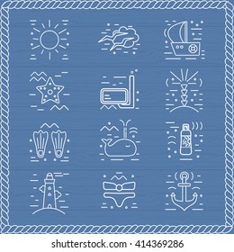 Summer  icons. Marine design elements. Vacation symbols in trendy line style. Vector Illustration