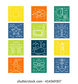 Summer  icons. Marine design elements.  Vacation symbols in trendy line style. Vector Illustration