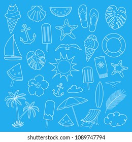 Summer icons on blue background - big collection. Vector.