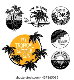 Summer Icons On Holiday, Summer, Beach And Sea, Vector Graphic Art Shape, Retro Vintage Style Badge Design Logo, Illustration Isolated On White Background.